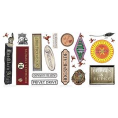 an assortment of different types of stickers on a white background with the words harry potter written below them