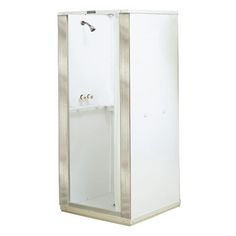 a tall white cabinet with an open door on the front and bottom side, in silver trim