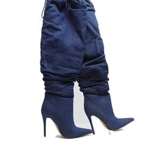 High Heels Peep Toe Shoes Rivet Over The Knee Boots Jean Knee High Boots, Women's Mid Calf Boots, Heel Knee High Boots, Denim Heels, Boot Shoes, Denim Boots, Pointed Toe Boots, Peep Toe Shoes, High Knees