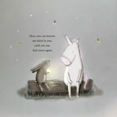 an illustration of a bunny and a horse looking at each other