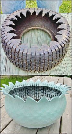 two pictures showing how to make an outdoor planter out of clay and paper machs