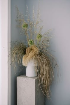 a white vase with some plants in it