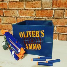 personalised Toy gun ammo box free delivery nerf bullets storage by ItsPersonalUk on Etsy Boy Rooms, Toy Storage Boxes, Toy Storage