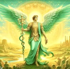 an angel holding a staff of asclefer in front of a golden sun and sky