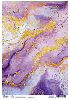 an abstract painting with gold and purple paint on it's surface, in the middle of