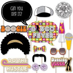 an assortment of party photo booth props including sunglasses, hats, and disco balls with the words can you dig it?