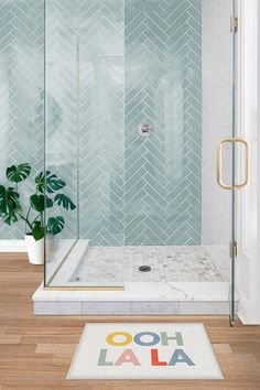 a bathroom with a shower, rug and potted plant