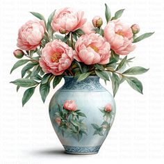 a painting of pink flowers in a blue vase