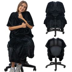 a woman is sitting in a chair covered with a black blanket and she has her arms crossed