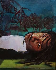 a painting of a man with dreadlocks laying on the ground next to plants