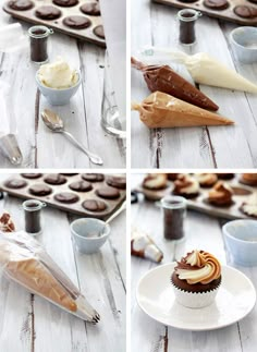 there are four different pictures of cupcakes with icing and chocolate frosting