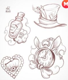 four different drawings of clocks, hats and other things in the shape of heart shapes