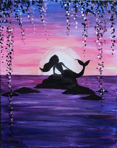 an acrylic painting of a mermaid sitting on a rock in the ocean at sunset