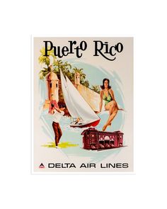 an advertisement for the delta air lines featuring two women in bikinis and one man on a sailboat