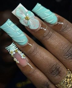 nails | nail inspo | inspo | cute nails Teal Acrylic Nails, Teal Nail Designs, Peacock Nails, Different Color Nails, Florida Nails, Green Acrylic Nails, Teal Nails