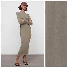 Nwt. Zara Taupe Grey Knit Midi Dress With Side Slits, Round Neckline, Long Sleeves. Size M. Ref. 4331/019. Pit To Pit 18" Flat, Shoulders 15", Sleeves 25,5", Waist 14,5", Length 54". 1058 Beige Midi Dress With Side Slits, Solid Color Spring Dress With Split Hem, Casual Bodycon Midi Dress With Side Slits, Summer Long Sleeve Ribbed Midi Dress, Casual Fall Midi Dress With Side Slits, Casual Midi Dress With Side Slits For Fall, Casual Stretch Dress With Split Hem, Elegant Fitted Khaki Maxi Dress, Fitted Khaki Maxi Dress