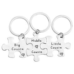 PRICES MAY VARY. Material: Made of high quality stainless steel, lead free and nickel free, and it's hypo allergenic, it doesn’t rust, change colour or tarnish. Measurements: This puzzle charm length 1.57", width 1.10’’. They are well matched. Suitable for holding your car keys, home keys or locker keys. The puzzle keychains are stamped with "Little Cousin", "Middle Cousin", and "Big Cousin". Keychain set for 3 Cousins. A loving little gesture for your Big, Middle and Little cousins. Let them kn Funny Makeup Bag, Puzzle Keychain, Home Keys, Cousin Birthday, Christmas Gifting, Cousin Gifts, Makeup Humor, Sister Bracelet, Sibling Gifts