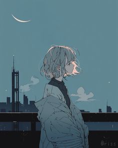 a person standing in front of a cityscape with the moon rising above them