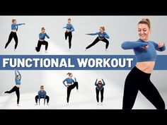 a woman in blue shirt and black leggings doing an exercise with the words functional workout