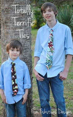 two young boys standing next to each other in front of a tree with the caption totally terrible ties