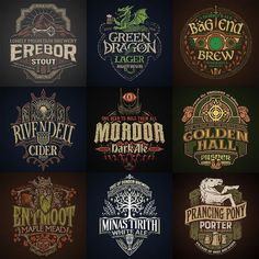 six different types of beer labels in various styles and colors, all with the same font