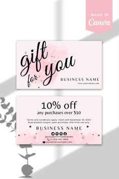 two pink gift cards with flowers on them and the words, gifts for you written in black