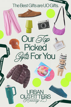 an advertisement for the urban outfitters holiday gift guide, featuring items from our top picked gifts for you