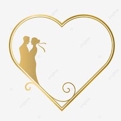 a golden heart shaped frame with a bride and groom holding each other