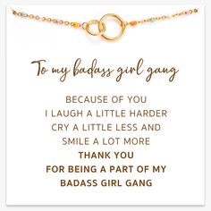 PRICES MAY VARY. CARD MESSAGE: “ To my badass girl gang Because of you, I laugh a little harder, cry a little less and smile a lot more. Thank you for being a part of my badass girl gang” PREMIUM QUALITY AT A FAIR PRICE: This best friend bracelet is made from solid 925 sterling silver plated with 18K gold and enamel. Length 6” with a 2” extension. It is made from the same top-quality materials as luxury brands, only without excessive ad expenses or traditional 10x retail markups. PERFECT GIFT: G Friends Female, Badass Girl, Friends Women, Best Friend Bracelet, Women Birthday Gifts, Friend Bracelet, Women Friendship, Best Friend Bracelets, Women Friends