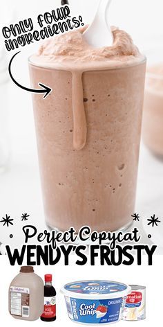 an image of a smoothie in a glass with whipped cream on top and the words perfect copycat wendy's frosty below it