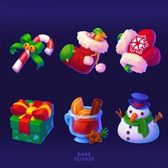 four different christmas items are shown in this image, including gifts and snowman hats