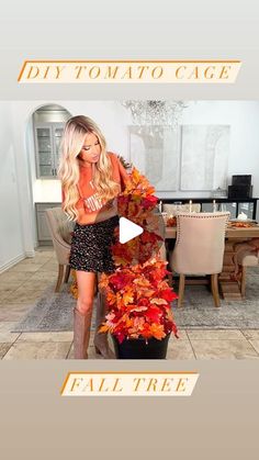 a woman standing next to a tall tree with fall leaves on it and the words diy tomato cage