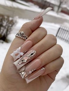 Extra Bling Nails, Long Bling Acrylic Nails, Bling Out Nails, White Square Acrylic Nails, Classy Long Nails, White Bling Nails, French Tip Long Nails, Blinged Out Nails Rhinestones, Pink Bling Acrylic Nails