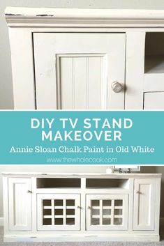 an old white painted cabinet with the words diy tv stand makeover