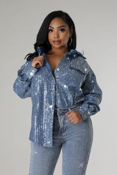 This button down denim top has sequined rhinestones allover giving a blinged out look.to an oversized button down top. Size down for a fitted look. “Allover Embellished Denim Top” non-stretch denim long sleeve button closure rhinestone embellishment Cotton/polyester Imported Denim Sequin Outfit, Sequin And Denim Outfit, Iced Out Theme Party Outfit, Blue Jean Ball Outfit, Denim And Diamonds Party Outfit Plus Size, Denim Bling Outfit, Denim And Diamonds Dress, Lace And Denim Outfit, Denim Rhinestone Outfit