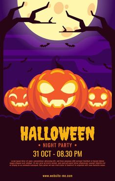 a halloween party poster with pumpkins and bats in the night sky on a full moon background