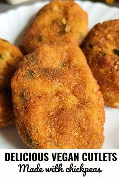 delicious vegan cutlets made with chickpeas on a white plate and text overlay