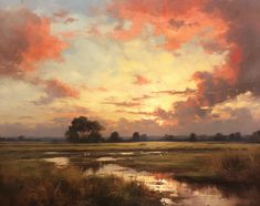 an oil painting of a sunset over a marsh