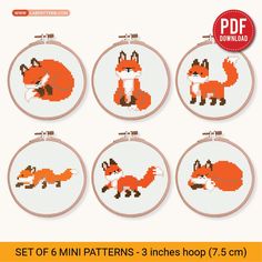 six cross stitch fox designs in hoop with the text, set of 6 mini patterns 3 inches