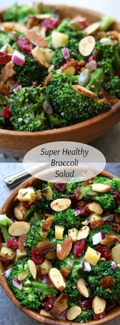 broccoli salad with nuts and cranberries in a wooden bowl