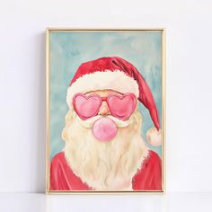 a painting of santa claus wearing sunglasses and a red hat with pink heart shaped glasses