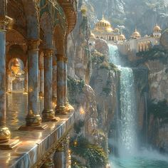 an artistic painting of a waterfall in the middle of a rocky area with gold and white architecture