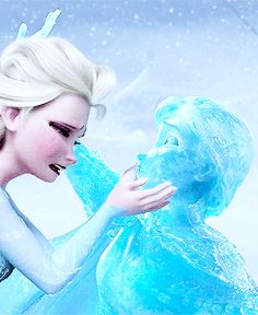 the frozen queen is touching her face next to an icy blue statue with snow flakes on it