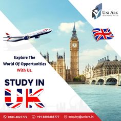 an advertisement for the study in uk with a plane flying over big ben and the palace of westminster