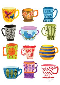 colorful cups and saucers are arranged in a circle on a white background, each with different designs