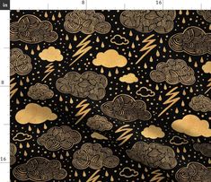 a black and gold background with clouds, lightnings and raindrops on it