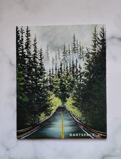 a painting of a road in the middle of a forest with trees on both sides