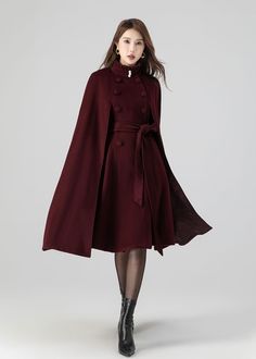 Burgundy Swing Cloak Coat, Winter Wool Cape Coat Women, Long Wool Cape With Stand Collar, Fall Cape Coat, Plus Size Wool Cape, Xiaolizi 4518 - Etsy Japan Cloak With Fur Collar, Women Standing Reference, Elegant Fall Cape With Buttons, Elegant Capelet With Cape Sleeves For Fall, Elegant Winter Capelet With Cape Sleeves, Fitted Winter Cape With Cape Sleeves, Winter Fitted Capelet, Fitted Winter Outerwear With Cape Sleeves, Elegant Fitted Winter Capelet