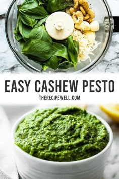 pesto sauce in a food processor with basil and cashews on the side