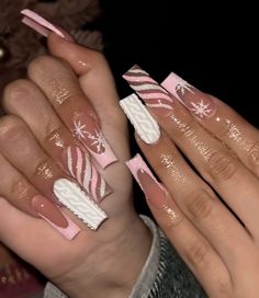 Gingerbread Nails Christmas, Ugly Sweater Nails, Ginger Bread Nail Designs, Gingerbread Nails Pink, Gingerbread Christmas Nails, Pink Gingerbread Nails, Square Acrylic Nails Winter, Gingerbread House Nails, Candy Cane And Gingerbread Nails